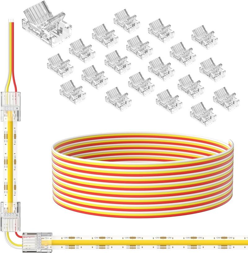 PAUTIX 10mm Connectors for 3-Pin CCT COB LED Strip Lights,20pcs Strip to Wire Connectors,10ft(305cm) Long 22AWG Extension 3 Wires for Non-Wired Gapless Solderless,5V 12V 24V LED Strip Lights Jumper - Image 1